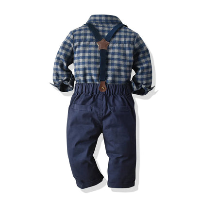 Children's Plaid Shirt and strap pants set for Boys with Bow Tie baby boy clothes 0 to 3Y Autumn Boys Clothes 70-130cm