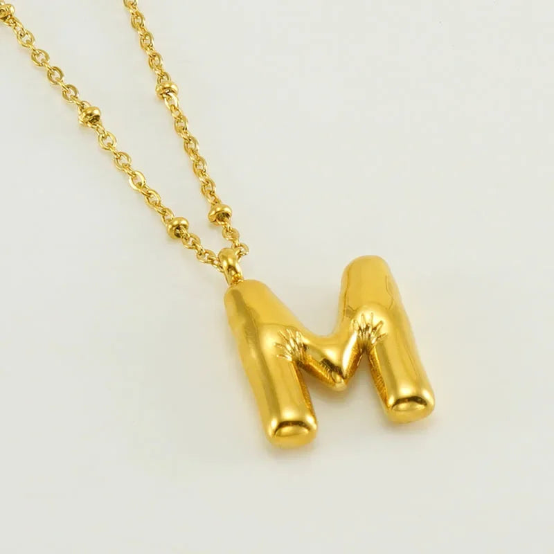 Vintage Stainless Steel Balloon Bubble Chunky Letter Necklace for Women 18K Gold