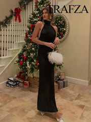 Women Fashion Backless Black Halter Tie Satin Long Dress Dresses