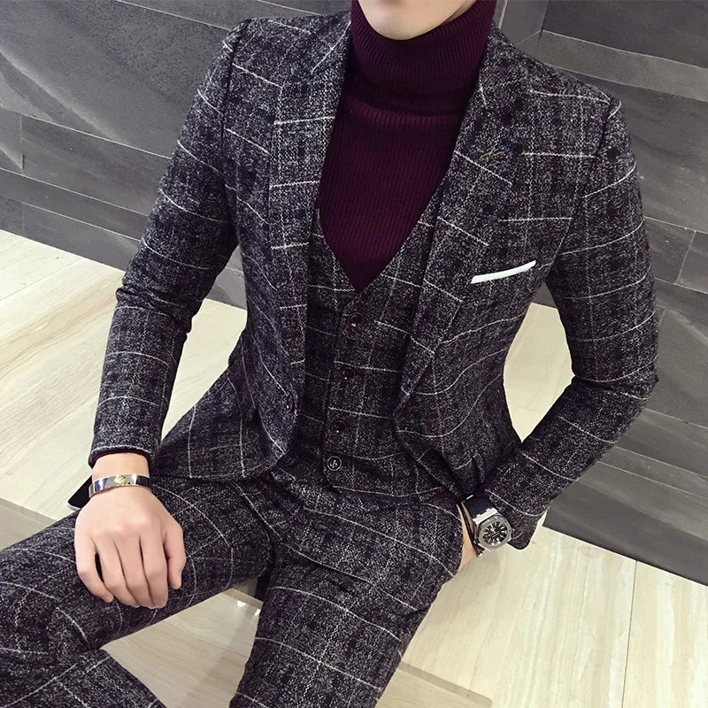 Tuxedo for Mens: Men's Slim Fit Plaid Three-Piece Suit Set - Cotton Blazer, Vest, and Pants