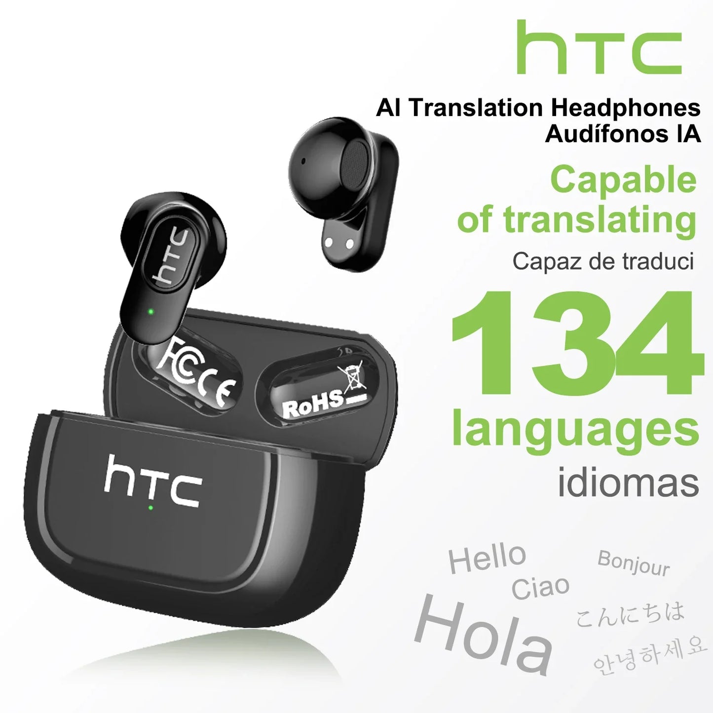 HTC NE51 Bluetooth Earphones TWS Sport Wireless Headphones Long Life with Mic In-Ear Earbuds AI Translator Earbuds
