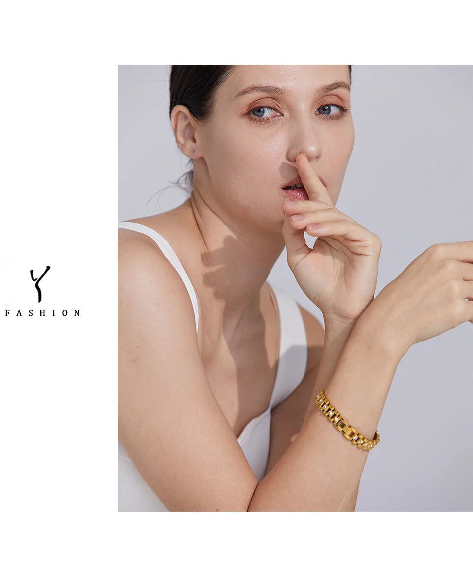 Yhpup 18cm Stainless Steel Imitation Pearls PVD Gold Plated Thick Cuban Chain Charm Bangle Bracelet Fashion Jewelry Wome