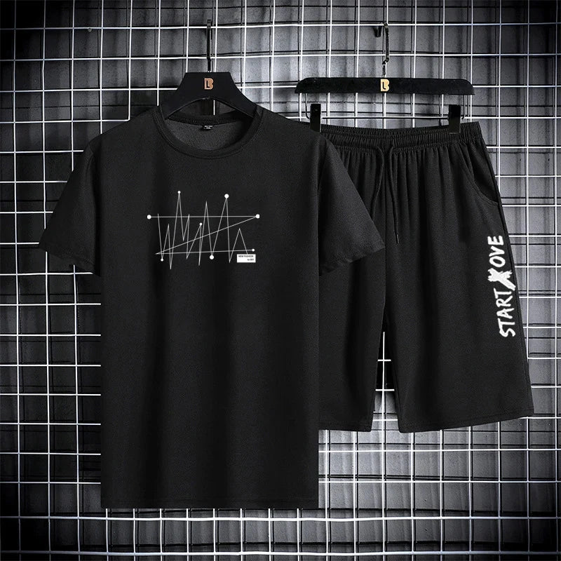 2025 Summer Outdoor Sports Suit Men's Short-sleeved Shorts Casual Fashion Two-piece Set Breathable Quick-drying Fitness Clothes
