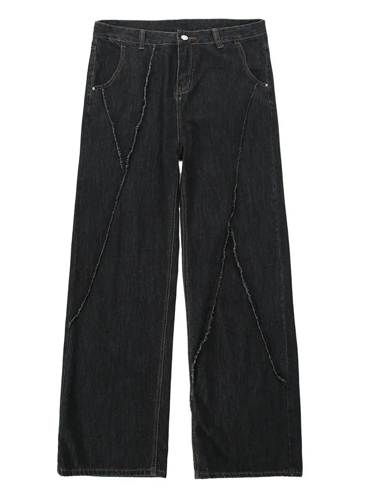 Men Hip Hop Straight Jeans Pants Spring and Autumn Ripped Patchwork Denim