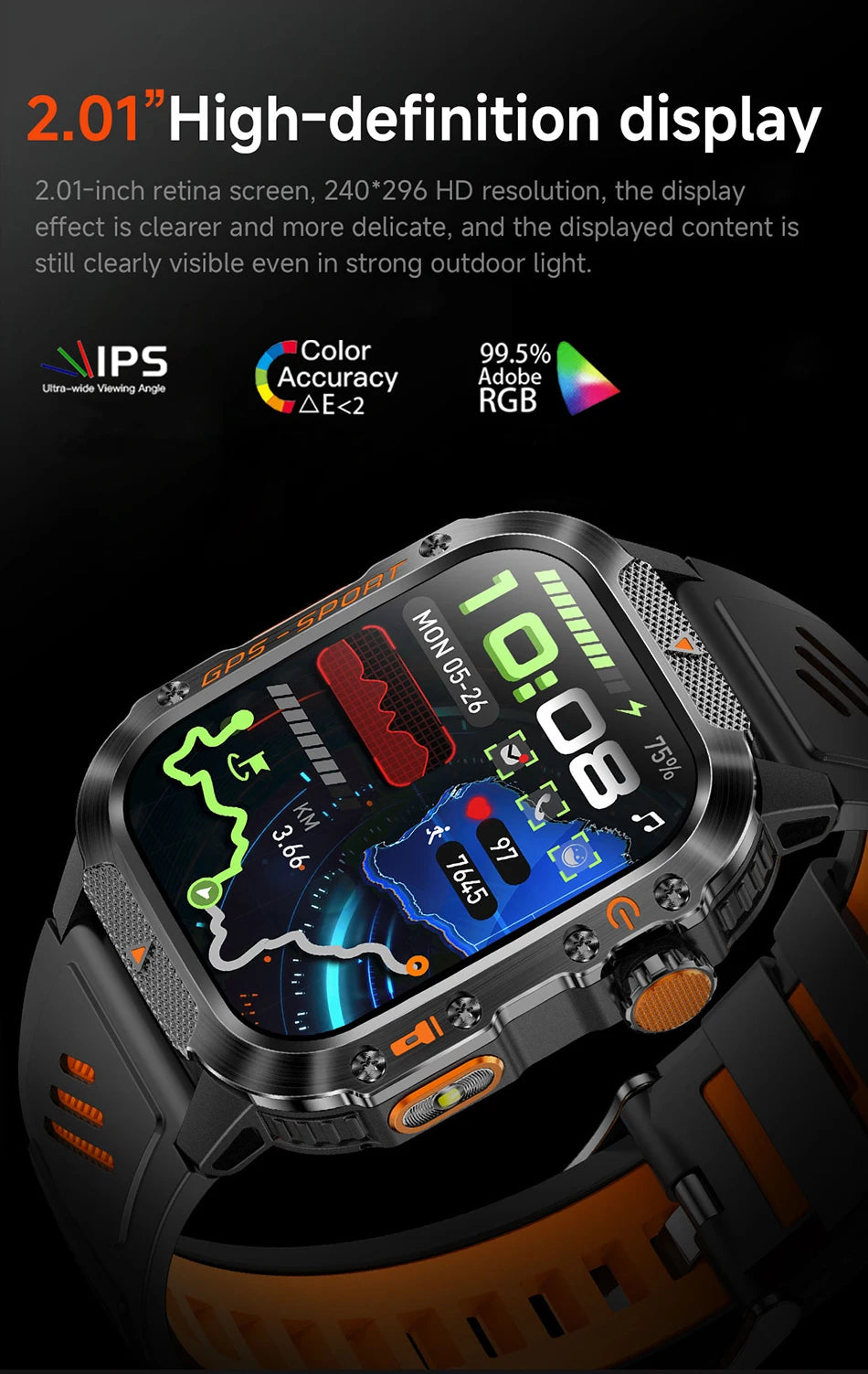2025 New Military Outdoor Smart Watch Men's GPS Flashlight Bluetooth Call 2.01" AMOLED Screen 3ATM Waterproof Sports Smartwatch