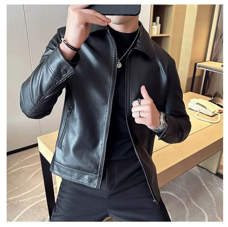 Men Bomber Leather Jacket Anti-wind Lapel Solid Casual Slim Fit Jacket
