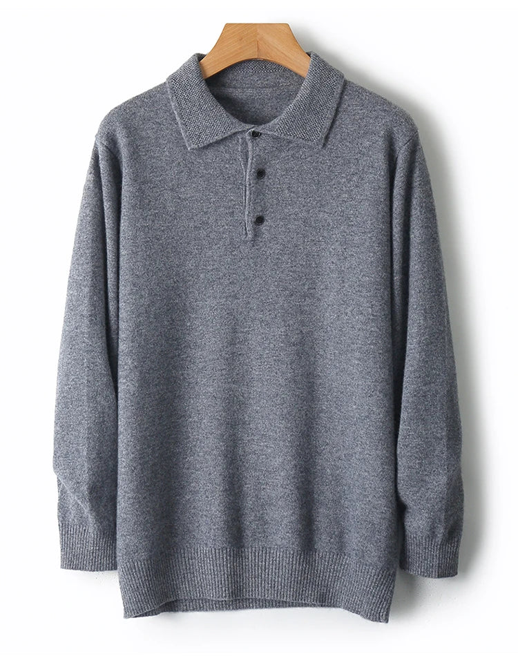 Merino Wool Hot Cardigans Men Lapel Pullover Long Sleeve POLO Neck Sweaters