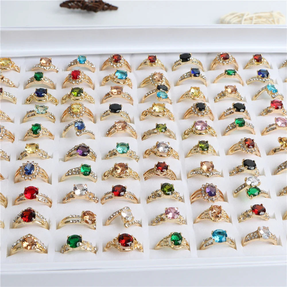 Wholesale 20/30/36/50/100Pcs/Lot Fashion Colorful Shiny Zircon Rings For Women Mix Style Color Wedding Jewelry