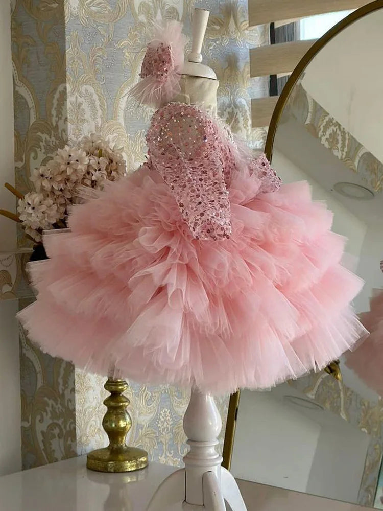 Gorgeous and elegant V-neck sequin long sleeved girl's dress for children's piano performance runway performance mesh cake dress