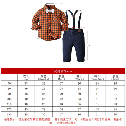 Children's Plaid Shirt and strap pants set for Boys with Bow Tie baby boy clothes 0 to 3Y Autumn Boys Clothes 70-130cm