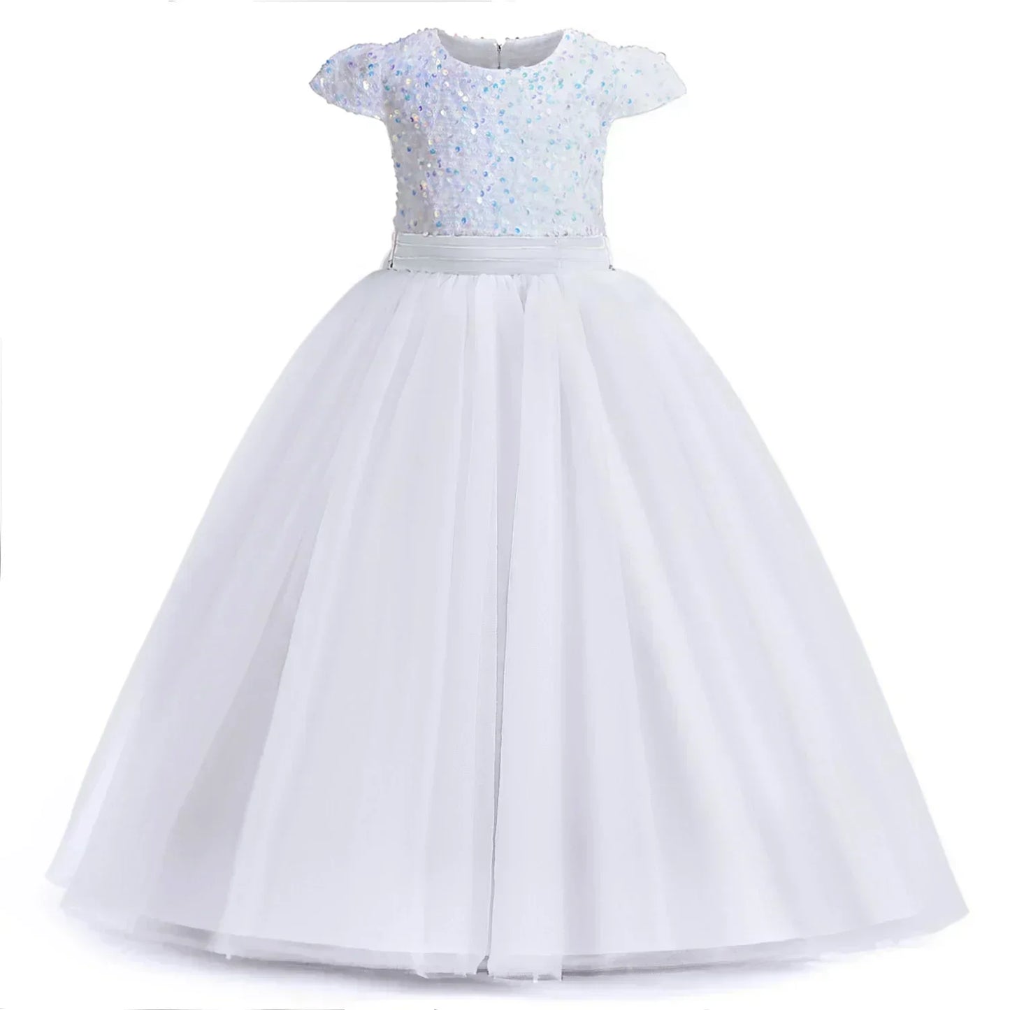 White Dress Long Sleeves Sequin Princess Pageant Birthday Party Dresses for First Communion Gown Flower Girl Dresses for Wedding
