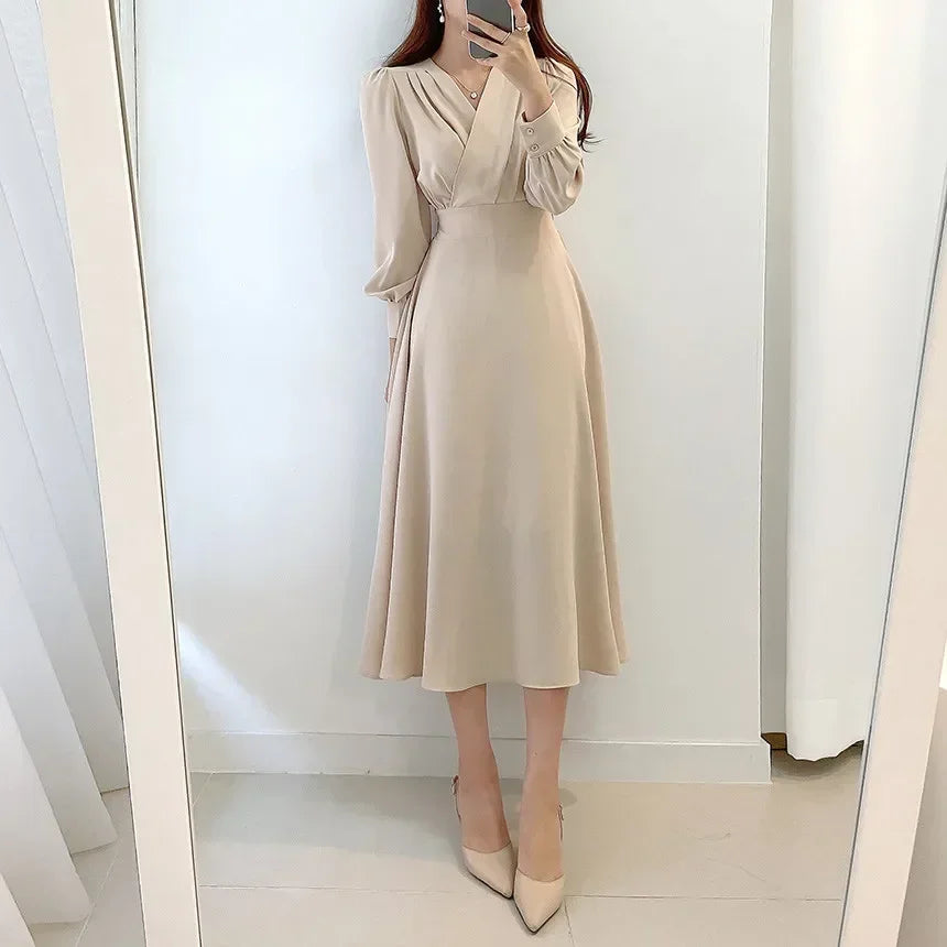 Formal attire Dresses: Vintage Women Pleated Cross V-neck Long Dresses