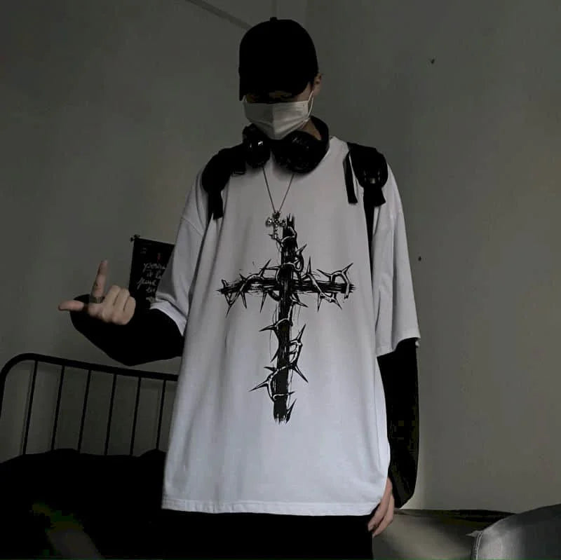 T-shirt for Men Summer Cross of Thorns Suitcase Men's T-shirts Long-sleeved Dark Hip-hop Men's oversize t-shirt Y2k T Shirt Tops