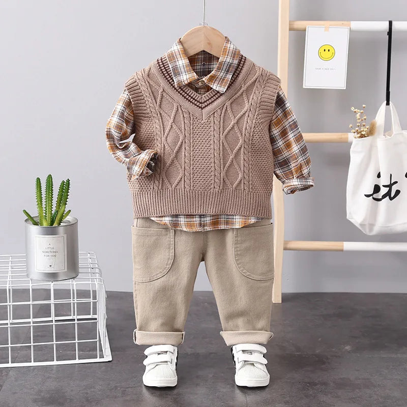 Baby Boys Clothes Suit Children Casual Plaid Shirt Vest Pants 3Pcs/Sets Toddler Cotton Costume Kids Tracksuits