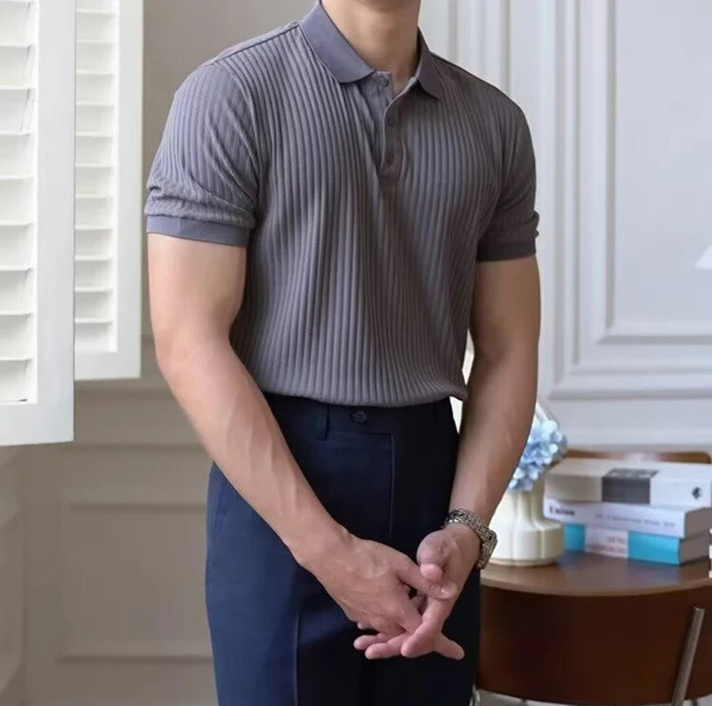 Vertical Stripe Knit Polo Men's Shirts Summer New Slim Solid Color Breathable Turn-Down Collar Business Short Sleeve Polo Tops