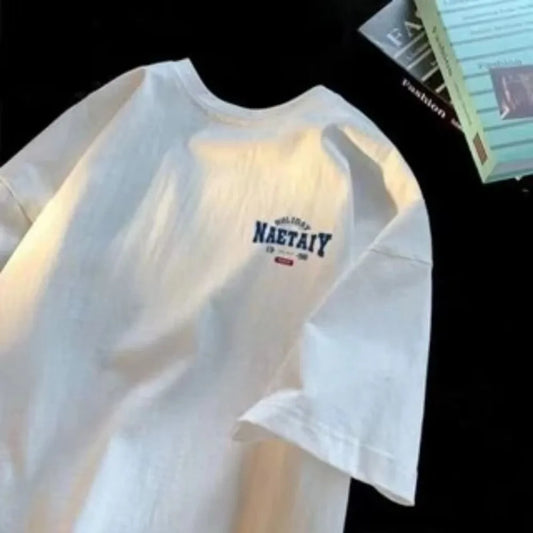 Men Oversized Fashion Loose American Vintage Letter Print Short Sleeve Round Neck Versatile Trend Couple outfit