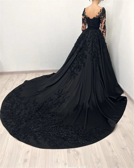 Black Lace Embroidery Beaded Tulle Prom Dress Elegant Out Sleeve Evening Dress