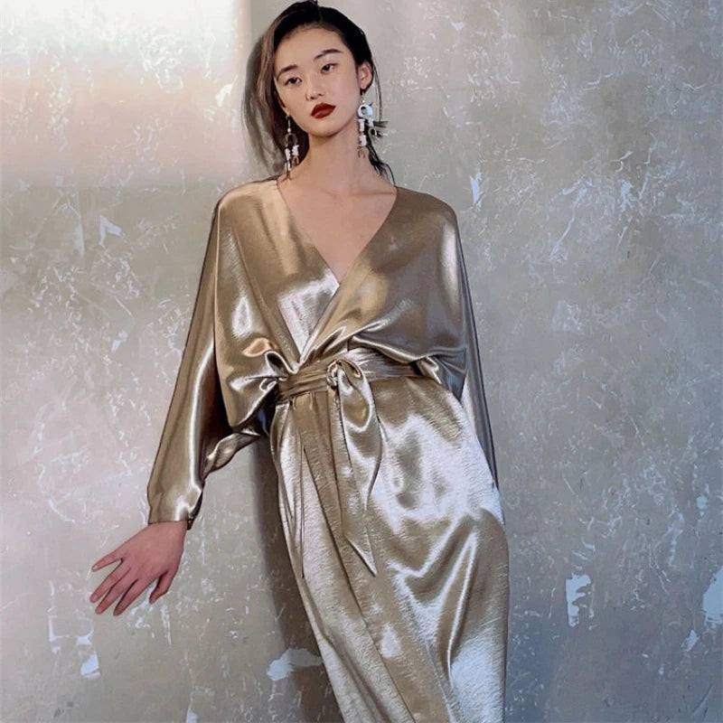 Evening Dresses: Long Dress Women Glossy Long Sleeve V Neck Evening Wrap