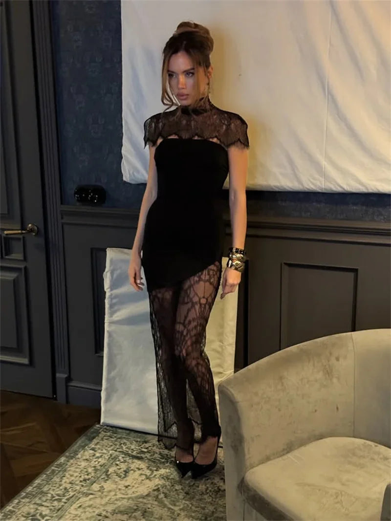 Mozision Lace Backless Sexy Mini Dress Women Gown Elegant See Through Turtleneck Sleeveless Bodycon Club Party Dresses Female