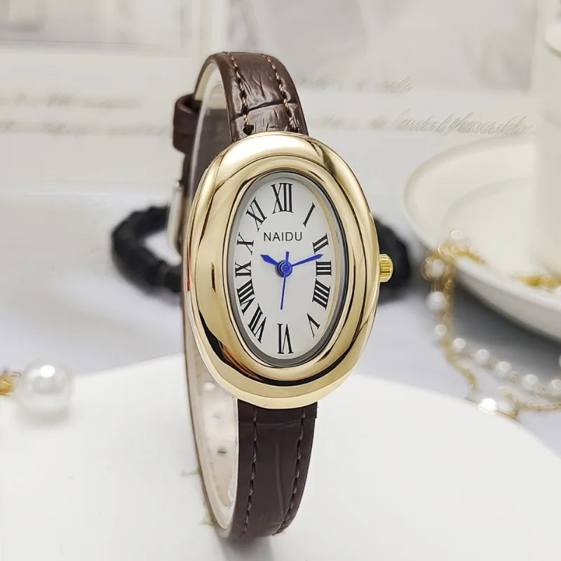 Luxury Women Vintage Oval Goose Egg Quartz Watch Leather Strap Wristwatch Dress Ladies Watches Christmas Gift Clock Relojes
