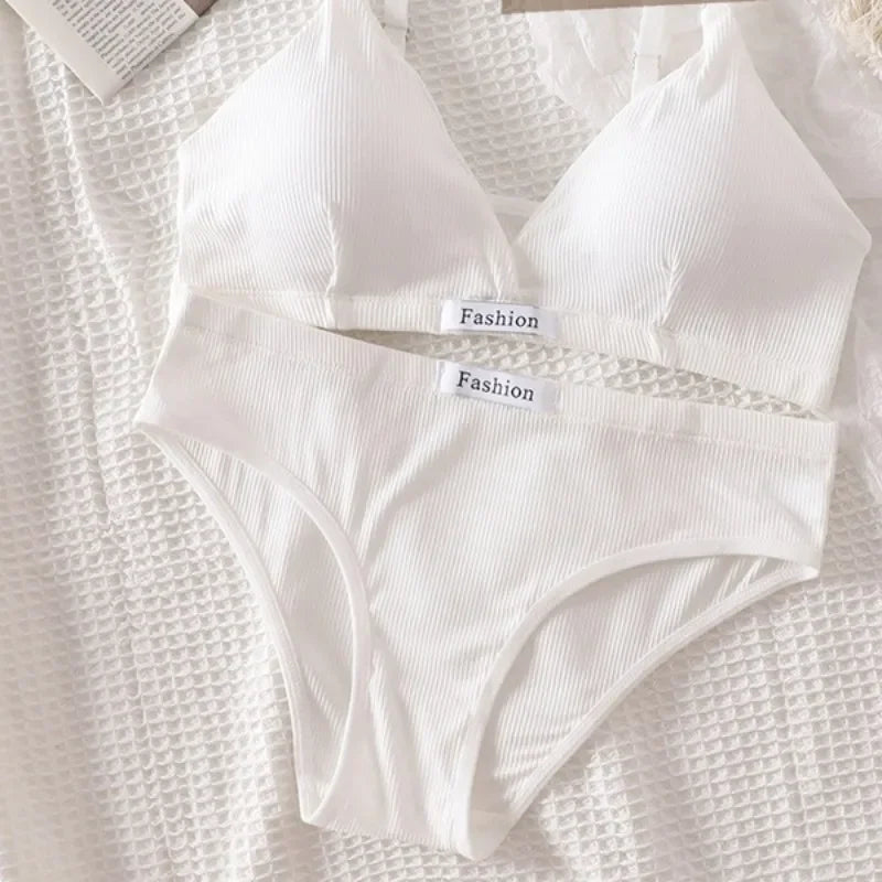 Underwear Set Women Bra Briefs Set Low Waist Panties Wire Free Vneck Bra Bralette