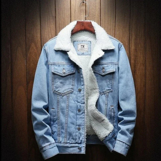 Men's Denim Jacket With Sheep Male Jean Coats Padded Black Padding Wool Slim