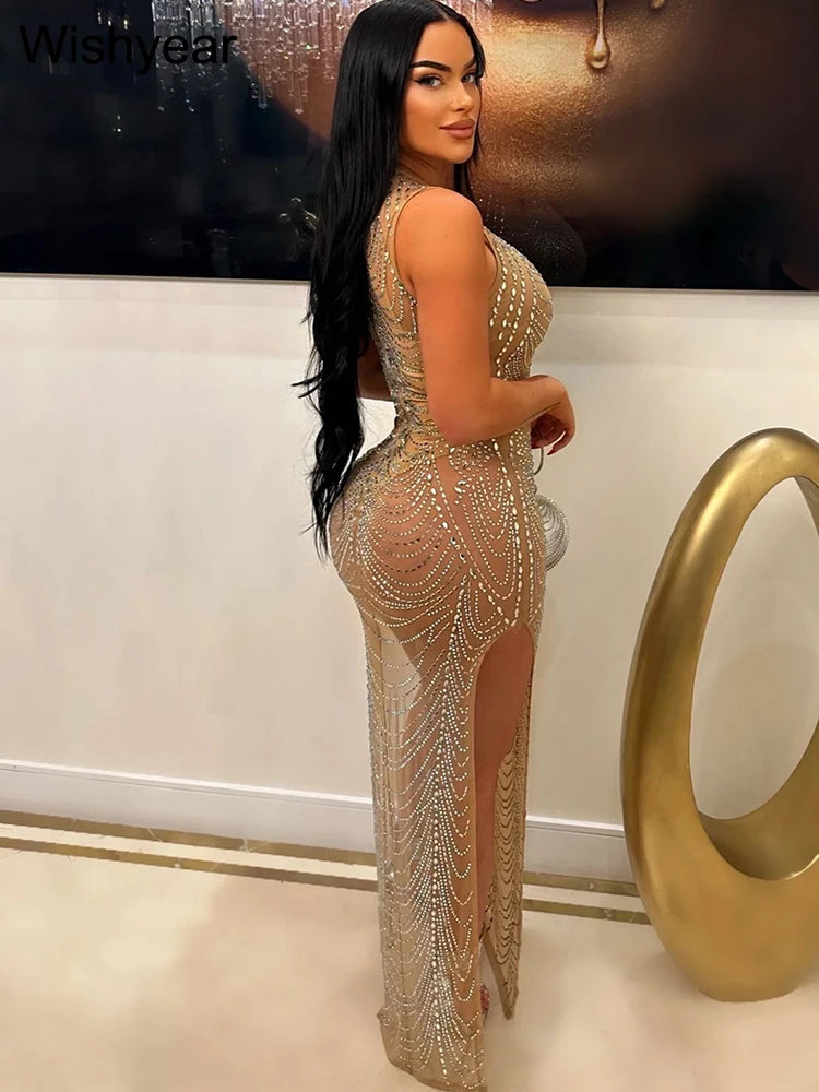 Evening Dresses: Diamonds Rhinestones Mesh Birthday Bodycon Maxi Dress for Women