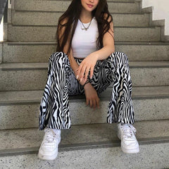 Zebra Print Wide Leg Pants Y2K Trousers High Waist Women Fashion Casual