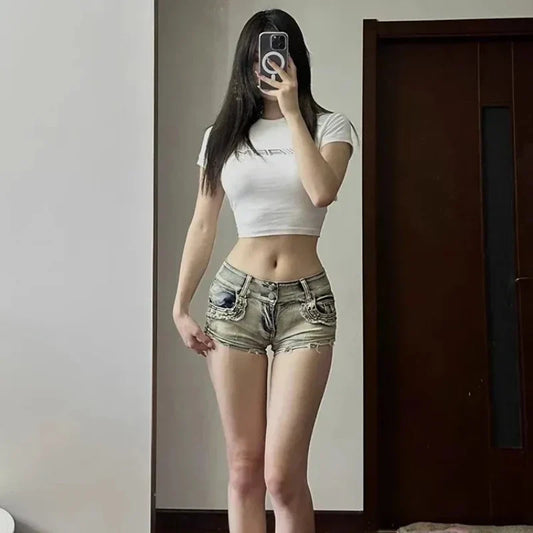 Skinny Denim Shorts Women High Street Y2k Clothes Low-Rise Trousers Sexy Vintage Hotsweet European Fashion Hip-wrapped Summer