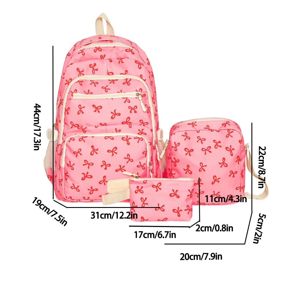 Korean Fashion Bow Print Women's Fashion Backpack Lightweight Simple Student Schoolbag Female Bag Set Three-Piece