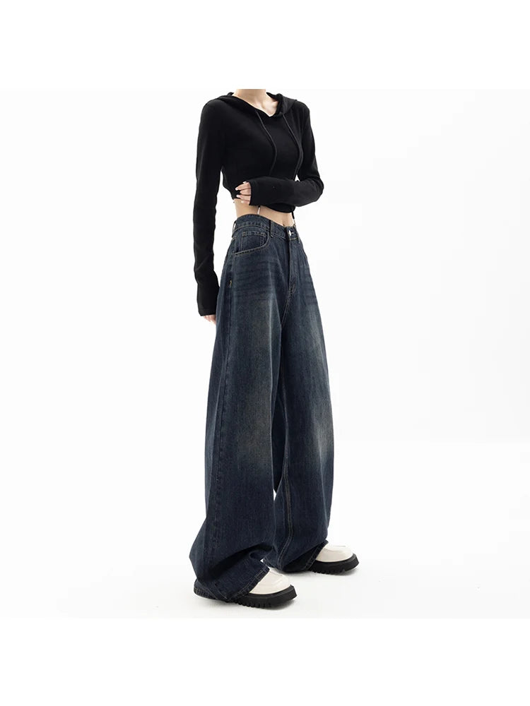 Streetwear Vintage High Waist Loose Straight Jeans Pants Korean Fashion Women's