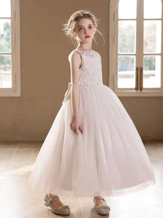 Teen Girls White Wedding Gauze Dress Lace Embroidery Big Bow Evening Puffy Gauze Bridesmaid Dress