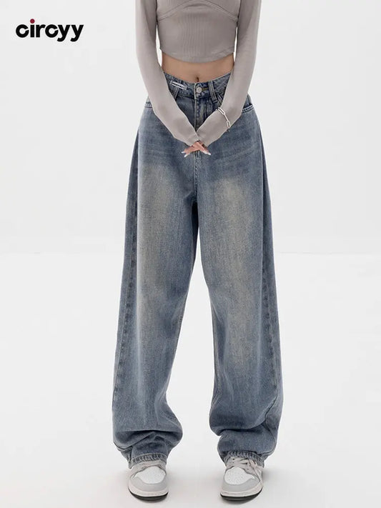 Baggy Jeans Women High Waisted Jeans Wide Leg Denim Pants Light Blue Loose Trousers