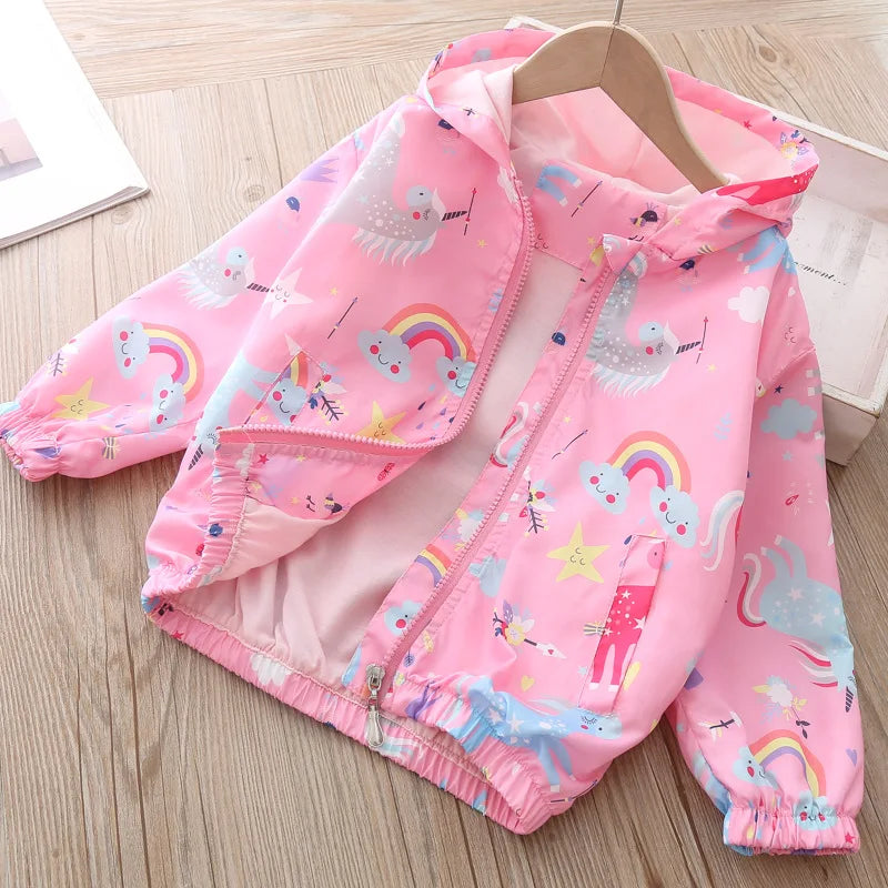 2023 Kid Autumn Jacket Coat Baby Girl Rainbow Unicorn Jackets Toddler Girls Clothes Flower Sailboat Printed Cute Outwear