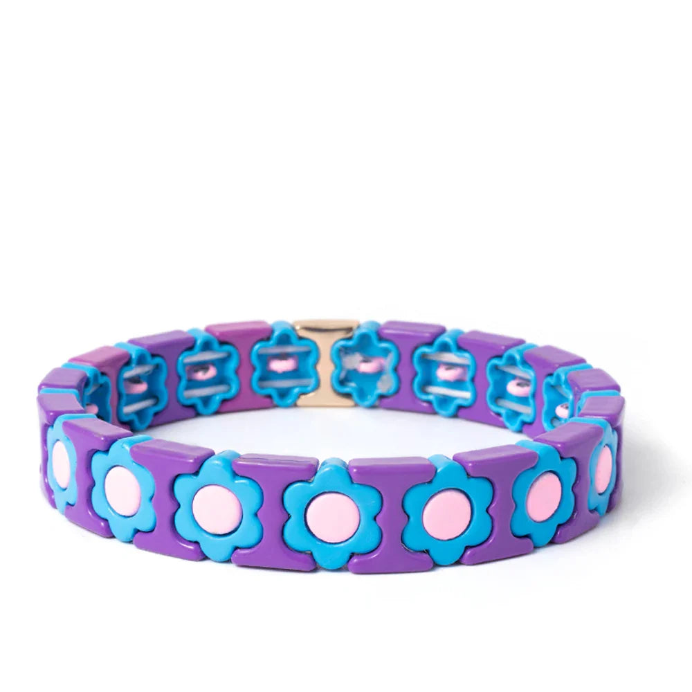 New Design Colorful Flower Charms Bangle For Women Handmade Bohemian Elastic Flower Bracelets Metal Beads Jewelry