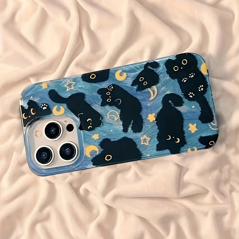 Phone Case For iPhone 17 Pro Max 16E 16 15 14 13 12 11 XS X XR 7 8 Plus SE2 Air Moon Stars And Black Cats Design Silicone Cover