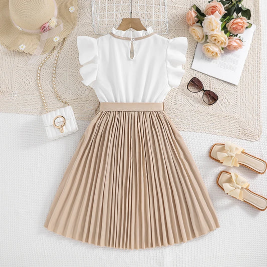Kids Dress For Girls White Petal Sleeves Pleated Khaki Skirt & Bow tie Preppy