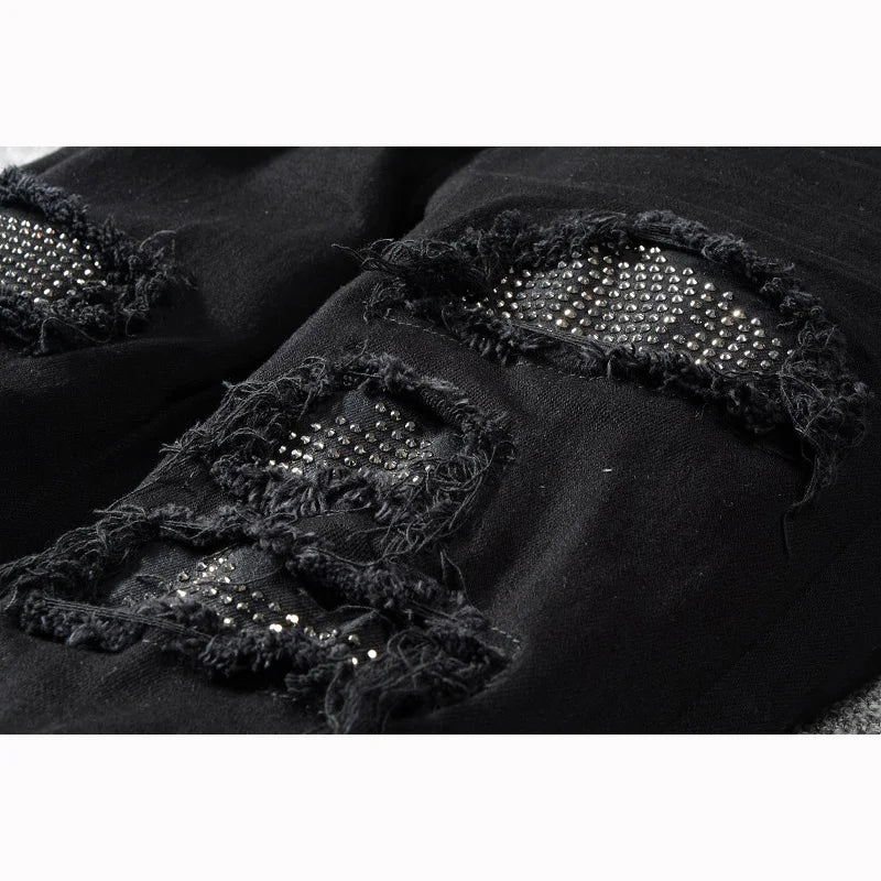 Black High Street Holes Transparent Crystals Patchwork Stretch Slim Fit Rhinestones