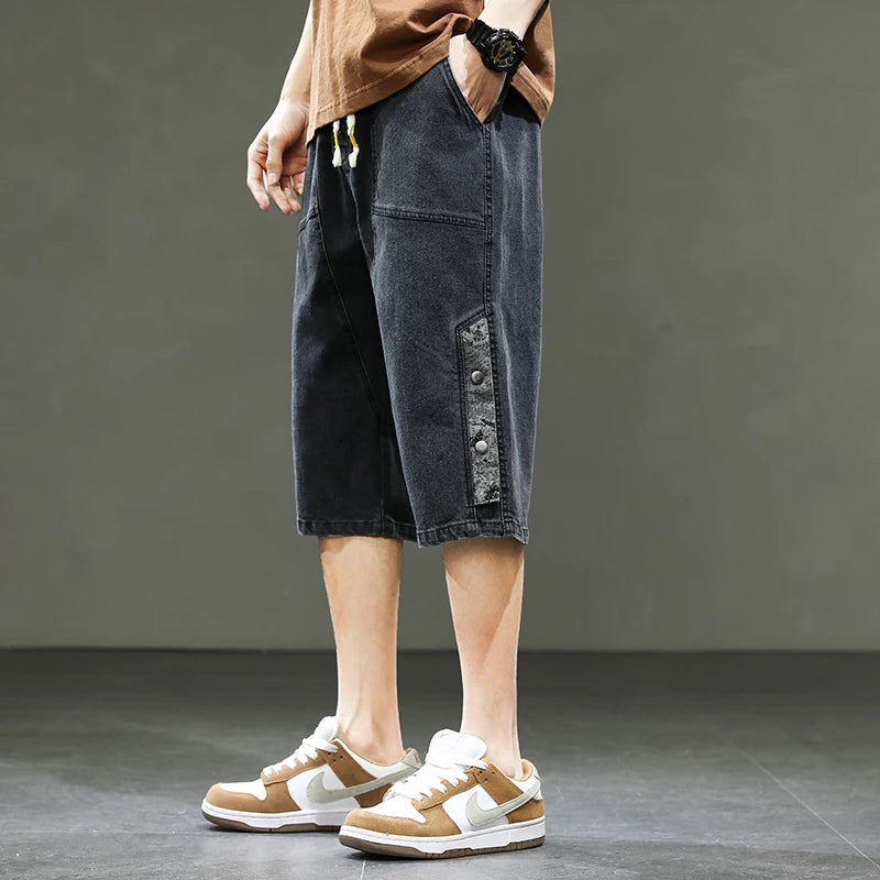 Korean Style Summer Men's Black Wide Leg Denim Shorts New Fashion Casual Baggy Short Jeans Male Plus Size 6XL 8XL YBR602