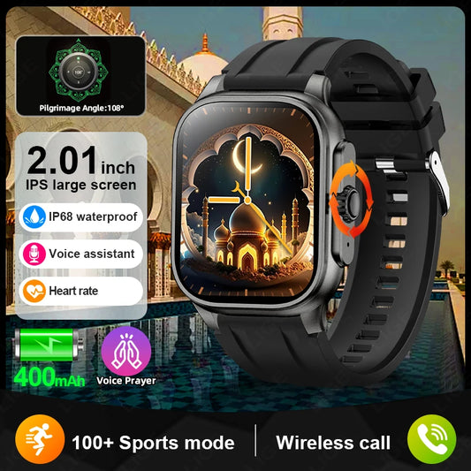 LIGE New MUSLIM Smart Watch with Qibla Pointer Voice Prayer 400mAh Battery Sport Bluetooth Call 2.01" HD Display Smartwatch Men