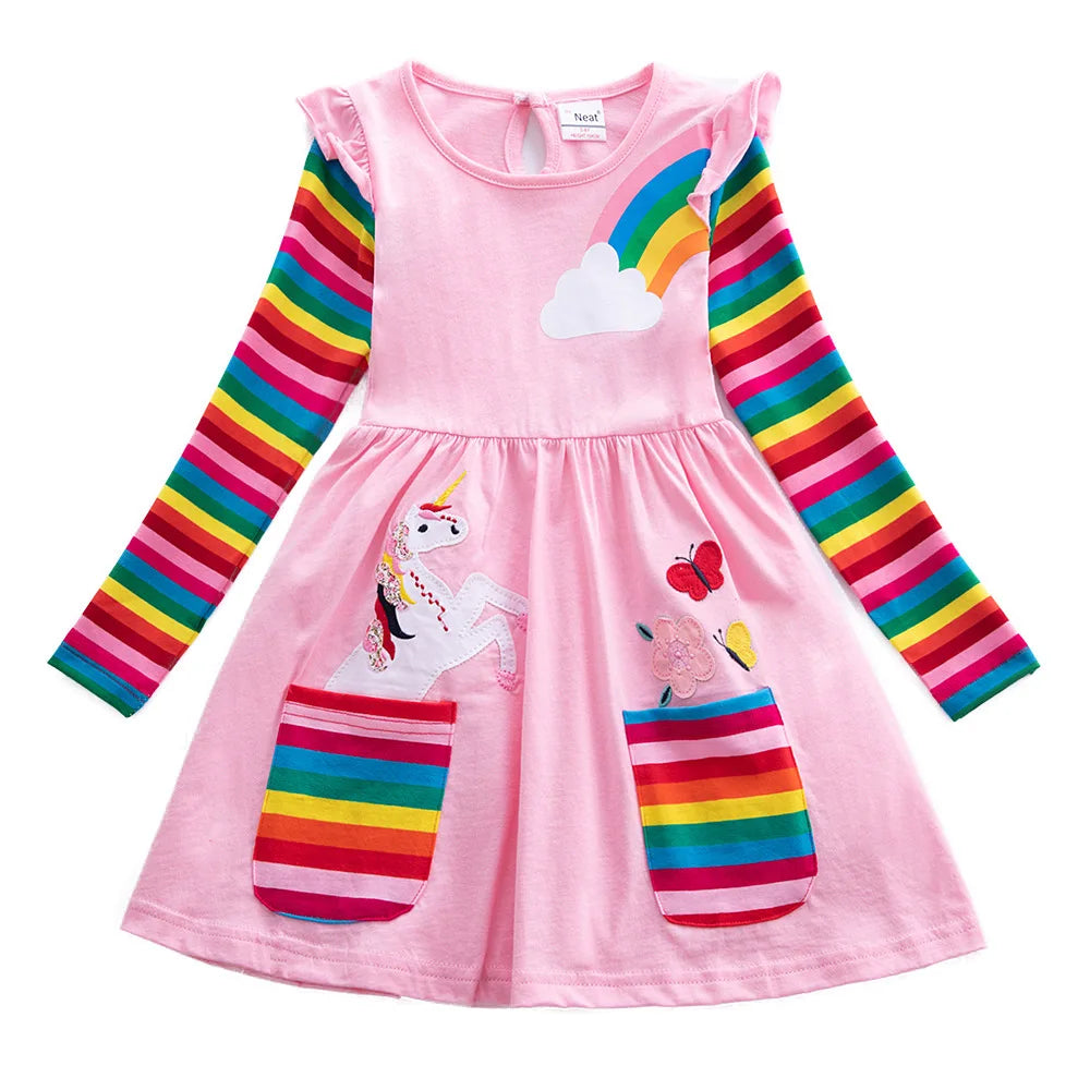 Girls' Long Sleeve Unicorn Dress Autumn Embroidery Two Pockets Rainbow Sleeves