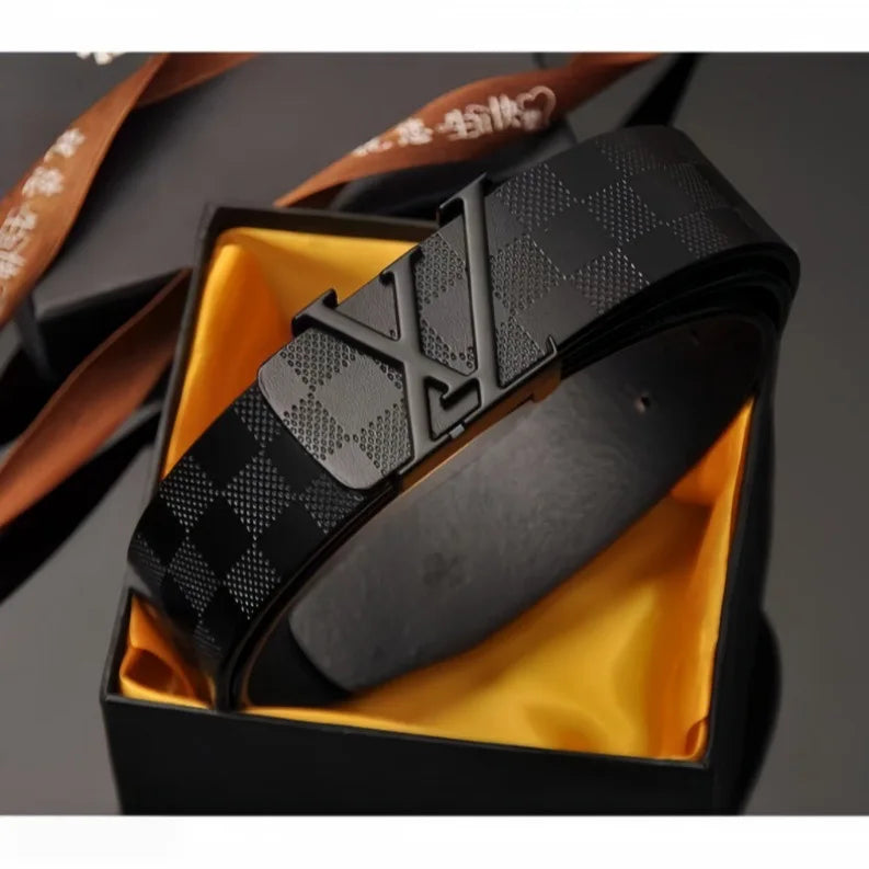 Light Luxury Mens Leather Belt Smooth Buckle Genuine Cowhide Perforated Pattern Fashion Trendy High End Versatile