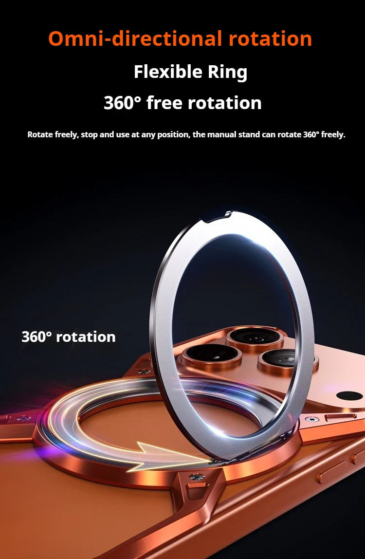 Metal Alloy Punk Frame Phone Case For iPhone 17 16 15 14 13 Pro Max 360 Rotating Bracket Magsafe Ring Magnet Stand Bumper Cover