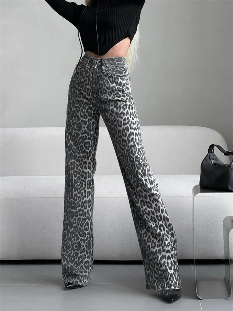 Retro Leopard Print Jeans for Women Elegant Ladies Gray Denim Pants Wide Leg Hip Hop