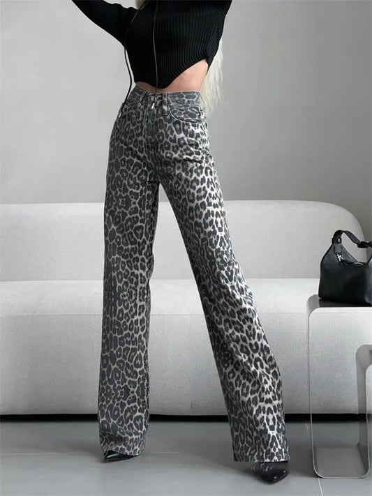 Retro Leopard Print Jeans for Women Elegant Ladies Gray Denim Pants Wide Leg Hip Hop