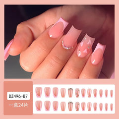 24Pcs/set Summer Short Medium Square Press on Nails Pink Stripe Pattern Fake Nails Glossy Artificial Manicure False Nails Cheap