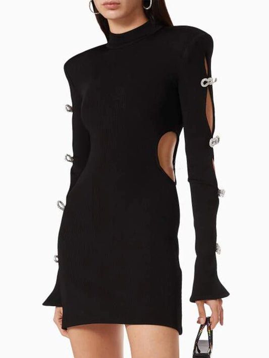 Formal attire Dresses: Women Long Sleeve Backless Black Diamonds Crystal Mini