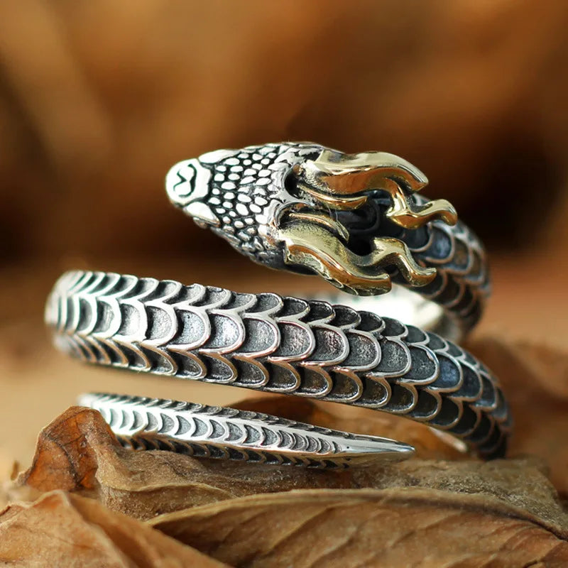 925 Sterling Silver Male Big Ring Elegant Horned snake Open Ring Finger