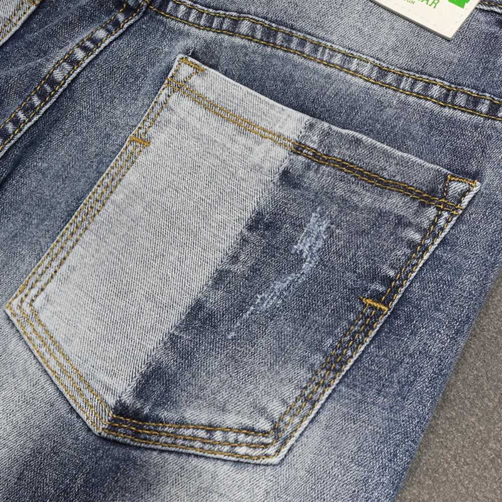 handsome personality retro patchwork jeans men's old patch holes Ripped jeans
