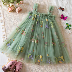 Girls' mesh dress summer baby girl covered in flower embroidery green suspender mesh